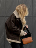 PICSGIRL  -  Vintage Plush Suede Zipper Jackets Women Casual Loose Lapel Brown Jacket Coats With Pockets Female Winter Warm Street Outwear