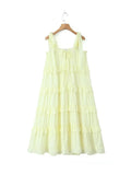 PICSGIRL  -  Casual Spaghetti Strap A-Line Summer Loose Dress Womens 2024 Spring Elegant Cascade Pleated Yellow Long Dresses