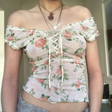 PICSGIRL  -  French Sexy Floral Mesh with A Line Shoulder T-shirt Women Waist Slim-fit Perspective Spice Girl Vintage High Strecth Crop Top