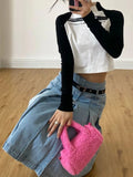 PICSGIRL  -  Y2k Streetwear Denim Pleated Skirt Women Vintage Low Waist A-line Distressed Knee-lenght Jeans Skirt Japanese Fashion