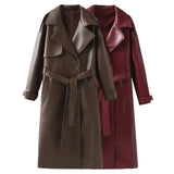 PICSGIRL  -  2024 Women New Fashion with Belt Long Style Single Breasted Faux Leather Coat Vintage Long Sleeve Pockets Female Outerwear