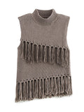 PICSGIRL  -  Tassels Knit Vests Women Casual Loose Half Neck Sleeveless Hollow Out Vest Female Fashion Solid Soft New Knitwears Lady