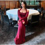 PICSGIRL  -  Sexy Solid Women Halter Dress Off Shoulder Long Sleeve Backless Slim Female Maxi Dresses 2025 Spring New Chic Elegant Lady Robe