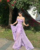 PICSGIRL - Elegant Purple Ruffled Prom Dress with Corset Back Sleevless Off-shoulder A-line Evening Party Dresses for Women Photoshoot