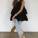 PICSGIRL  -  New Fashion Black Sleeveless Women's Summer Kawaii Round Neck T-shirt Top with Ruffled Cute Korean Women's Vest Top Loose