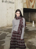 PICSGIRL  -  Retro Grey Set Women'S Autumn/Winter New Collection Stacked Collar Knitted Top With Checkered Half Skirt Two Piece Set