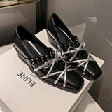 PICSGIRL  -  Rivet Platform Mary Jane Shoes Square Toe Pumps Women Winter 2024 New Cross Strap Bow Fashion Chunky Luxury Designer Shoes Women