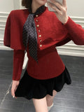 PICSGIRL  -  Vintage Red Poncho Sweater Women Ribbed Knitwear Two-Piece Set Pullover Korean Cutecore Long Sleeve Christmas Clothes