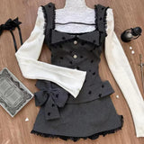 PICSGIRL  -  Sweet Cute White Ruffled Tops+Lace Edge Grey Vest+slimming High Waisted Skirt 3 Piece Set for Women Winter Japanese Skirt Suit