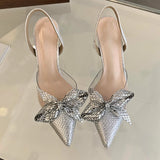 PICSGIRL  -  Luxury Pointed Heels Woman Crystal Slingback Shoes Glitter Bow Bride Fine High Heel Sandals Female Muller Pumps Women