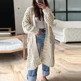 PICSGIRL  -  2024 Casual Solid Color Pocket Coat Ladies Elegant V Neck Hollow Knitted Cardigan Autumn Winter Thick Warm Loose Sweater Outwear