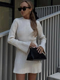 PICSGIRL  -  White Knitted Women Dress 2024 Winter Black Long Sleeve Mini Sweater Dress Ladies Elegant Pleated Knit Party Dress Knitwear