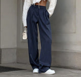 PICSGIRL  -  Navy Stripe Wide Legs Pants Women Street Casual High Waist Trousers Fashion 2024 Office Ladies Floor-Length Pants