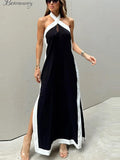 PICSGIRL  -  Casual Halter Patchwork Panelled Women Beach Dress Backless Sleeveless Hollow Out Side Split Female Dresses 2024 Chic Lady Robe