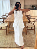 PICSGIRL  -  Summer Slim White Cotton Two Piece Set Women Outfit Elegant Sleeveless Tops With High Waist Long Skirts Sets