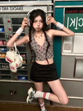 PICSGIRL  -  American Retro Grey Plaid Crop Top Women Streetwear V-neck Halter Y2k Tops Summer Sexy Fashion Backless Tank Top Clothes