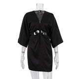 PICSGIRL  -  Flare Sleeve Satin Women Summer Dress Deep V-neck Hollowe Out Fashion Party Club Short Dresses Luxury Simple Slim Beach Vestidos