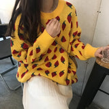 PICSGIRL  -  Sweet Women Sweaters Strawberries Print Long Pullovers Tops Autumn Winter Loose Sueter Mujer Girls Knitwear 