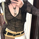 PICSGIRL  -  2024 Coquette Aesthetic Mesh T Shirts Women Vintage V Neck Lace Bow Cropped Tops Y2k Sexy Slim Fit Long Sleeve Tee Shirts