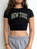 PICSGIRL  -  New York Letter Print Tee Women Contrast Patchwork Crew Short Sleeve Slim Versatile T-shirt Hottie Fashion Top Streetwear