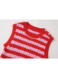 PICSGIRL  -  Summer Casual Striped Print Sleeveless Knitted Elastic Tops Womens O-Neck 2024 Casual Red Slim Pullover Vest