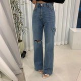 PICSGIRL  -  Korean Fashion Style High Waist Slim Asymmetrical Tear Ragged Edge Straight Tube Floor Dragging Denim Pants for Women