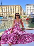 PICSGIRL -  Women Floral Print Spaghetti Strap A-line Dress Elegant Sleeveless High Waist Puff Hem Maxi Vestidos Female Vacation Robes