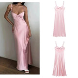 PICSGIRL  - Pink Satin Sling Prom Maxi Dress Women Sexy Chic Backless Sleeveless Slim Robe 2024 Fashion Evening Party Suspender Long Dresses