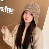 PICSGIRL  -  Winter Handmade Beanies for Women Fashion Tassel Thickened Warm Knitted Pullover Hat Outdoor Ear Protection Strap Woolen Bonnets