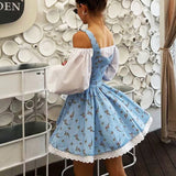 PICSGIRL  -  Puff Sleeve Suspender Dress Women Fake Two Pieces Flower Strapless Ruffles Splice Long Sleeve Lace Up Party Dress Summer