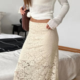 PICSGIRL  -  Elegant Lace See-through Long Skirt Women's Sexy Patchwork Skirt Solid Casual Loose High Waist Slim Retro Long Skirt Y2k