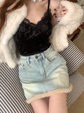 PICSGIRL  -  Spring and Autumn Hairy Splicing Denim Skirt Spicy Girl New Fashion Punk Style Plush High Waist Slimming Short Skirts for Women