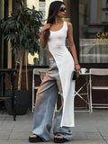 PICSGIRL  -  Fashion Summer Solid White T-shirt Dress Streetwear 2024 Casual Sexy Sleeveless Solid Irregular Long Dresses Vacation Vestidos