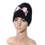 PICSGIRL  -  Autumn Winter Bow Embroidery Knitted Hats Women Girls Fashion Pink Bow Warm Adult Beanie Hat Korean Skullies Caps Female Bonnet