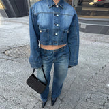 PICSGIRL  -  Lapel Single-breasted Woman's Denim 2 Piece Sets Vintage Soild Waistless Denim Short Tops Straight Baggy Low Rise Jeans Pants