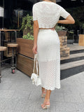 PICSGIRL  -  Knitted White Short Sleeve T-shirt Skirt Set Hollow See Through High Waisted Sexy Slim Fit Hip Wrap Two Piece Sets Women