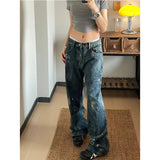 PICSGIRL  -   Vintage Appliques High Waist High Street Style Blue Straight Jeans Pants Korean Fashion Women Wide Leg Baggy Y2K Denim Trouser