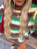 PICSGIRL  -  Casual Striped Mohair Sweater Women Loose Contrast O-neck Long Sleeve Pullovers 2024 Autumn Winter Lady Street Outwear