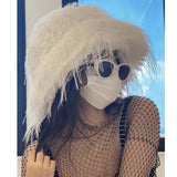 PICSGIRL  -  Luxury Plush Faux Fur Bucket Hats For Women Fashion Winter Ostrich Feather Female Thicken Warm Fisherman Caps Party Panama Bob