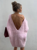 PICSGIRL  -  Women Sexy Backless Loose Solid Mohair Sweater Chic Round Neck Puff Full Sleeves Pullover Elegant Lady Street Long Sweaters