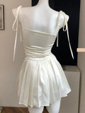 PICSGIRL  -  Sexy Satin Short Dress with Belt Chain Women New Summer Solid Spaghetti Strap Slim A-line Pleated Korean Chic Y2K Party Dresses