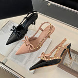 PICSGIRL  -  Rivet High Heeled Sandals Women Bow Tie Fashion Pointed Toe Pumps Women Designer Office Shoe Summer 2024 Slingback Sandals Women