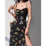 PICSGIRL  -  Women's Fashion Printed Dress Sexy Slim Fit Suspender Dress Summer New Backless Lace-Up Slit Skirt