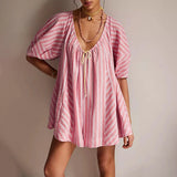 PICSGIRL  -  Women's Y2K Summer Casual Boho Jumpsuit Batwing Half Sleeve Tie Up Round Neck Striped Loose Wide Leg Playsuits