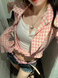 PICSGIRL  -  Y2k Pink Plaid Women Shirts Check Graphic Long Sleeve Blouses Female Spring Autumn Sexy Slim Button Up Cardigan Chic Ins