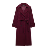 PICSGIRL  -  Women Solid Woolen Long Coat With Belt Fashion Double Breasted Lapel Oversize Jacket Autumn Female High Street Outerwear