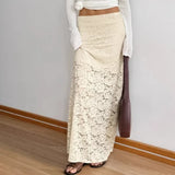 PICSGIRL  -  Elegant Lace See-through Long Skirt Women's Sexy Patchwork Skirt Solid Casual Loose High Waist Slim Retro Long Skirt Y2k