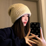 PICSGIRL  -  Knitted Heap Heap Beanie Hat for Women Solid Leather Label Pullover Cap Winter Thickened Warm Woolen Hats Outdoor Cycling Bonnet