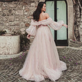 PICSGIRL - Bafftafe Pink Shiny Tulle Prom Dresses Off The Shoulder Long Puff Sleeve Evening Party Gowns Slit Women Arabia Wedding Dress