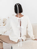 Picsgirl - Spring Elegant Lace Bow Tie Knit Cardigan Women Sweet Solid V Neck Hollow Out Long Sleeve Sweater 2024 Lady Fashion Streetwear